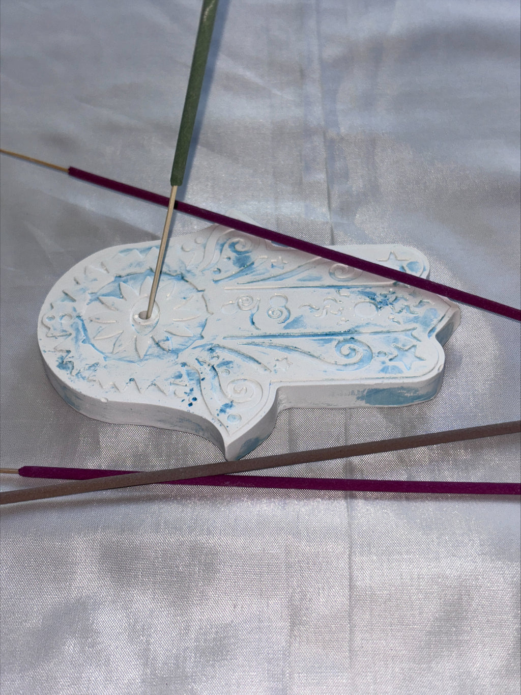 Incense holder Mandala hand blue splash