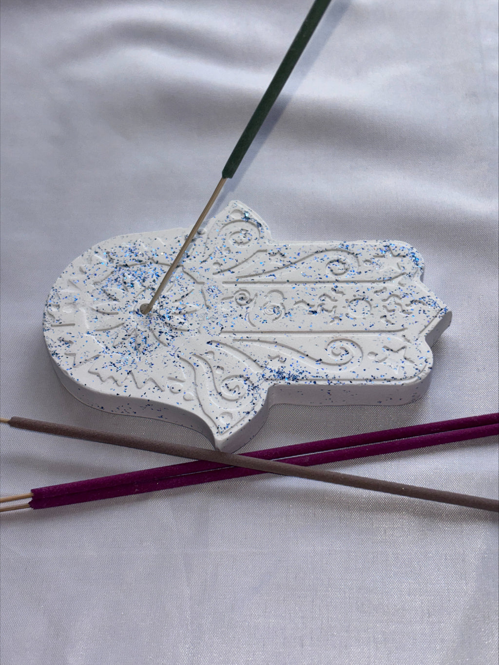 Incense holder Mandala hand blue glitter